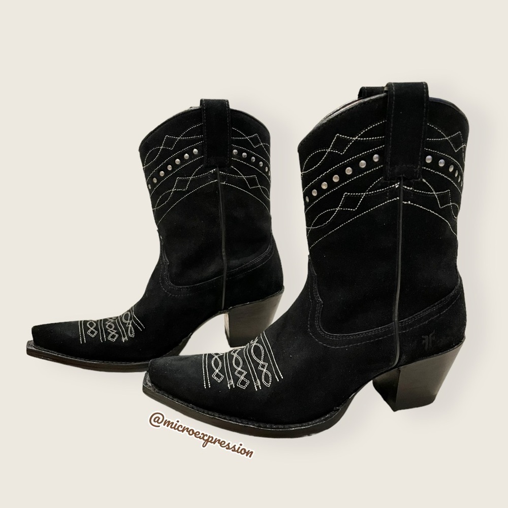 1980 Frye VINTAGE Black Suede Leather Embroidered Boho PullOn Heeled Cowboy Boot - Picture 13 of 14